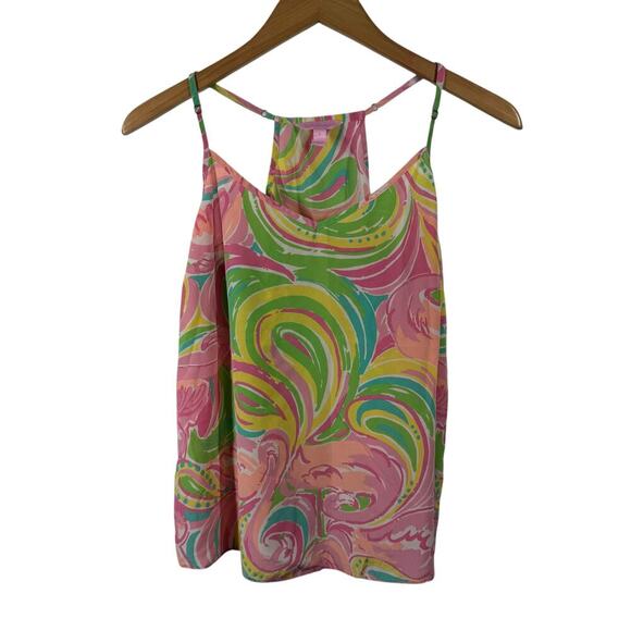 Lilly Pulitzer Tank Women Size L Pink Green Flamingo 100% Silk Adjustable Straps - Picture 1 of 8